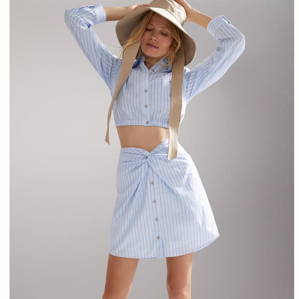NEW Maeve Anthropologie Two Piece Shirt and Skirt Set Blue White Stripe Size 12